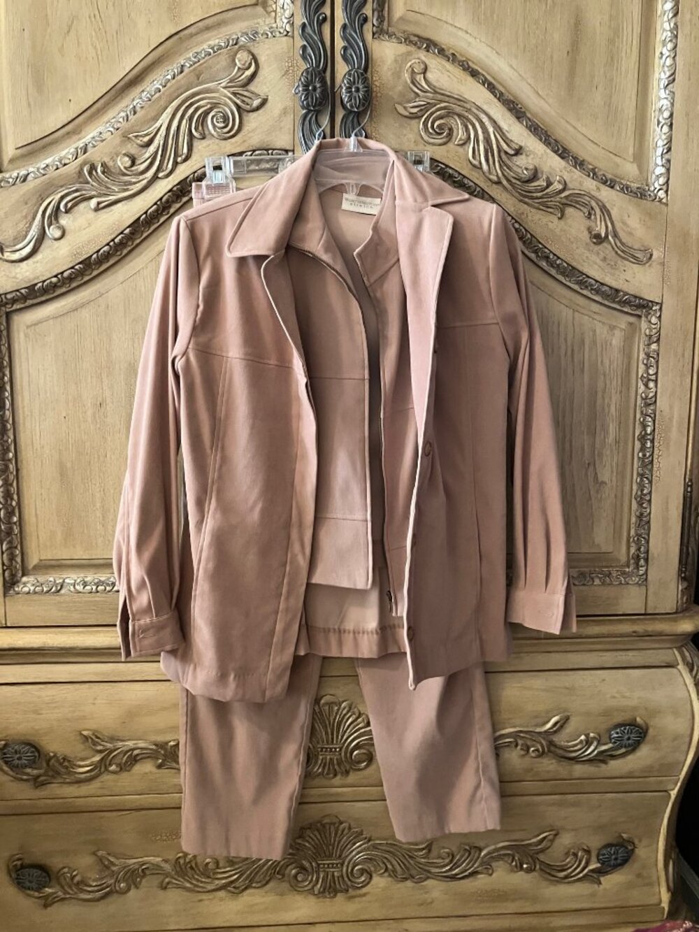 WORTHINGTON STRETCH MICRO SUEDE 3 PIECE SUIT - 2 PETITE - CAMEL TAN- EUC